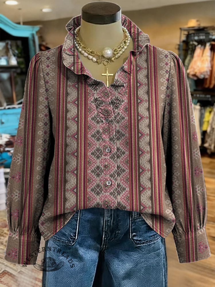 Women's Retro Print Casual Cotton And Linen Ruffle Shirt