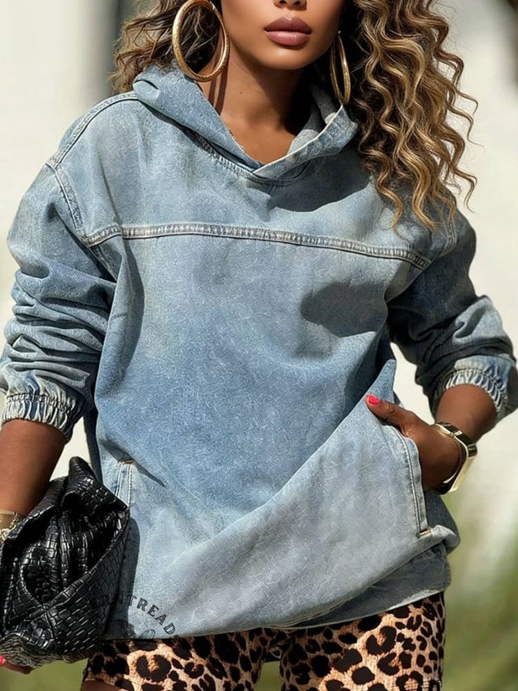Women's Light Blue Oversized Cozy Denim Hooded Sweatshirt With Pocket