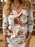 Women's Retro Western Horse Art Print Henley Neck Sweater Top