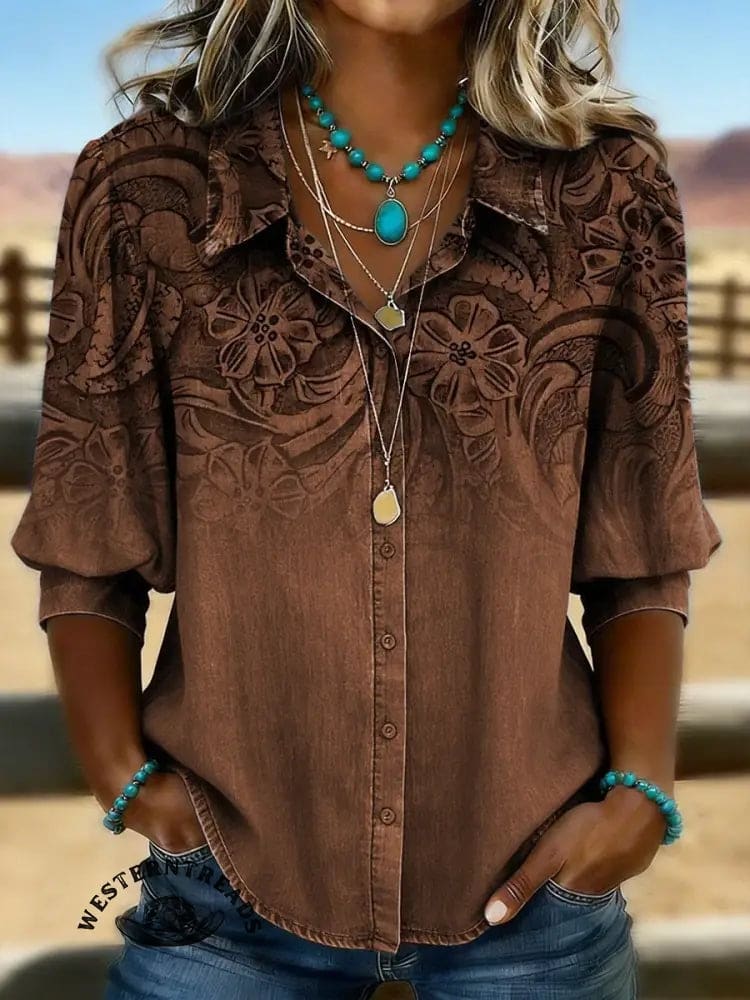 Retro Floral Print Casual Hollow Denim Shirt