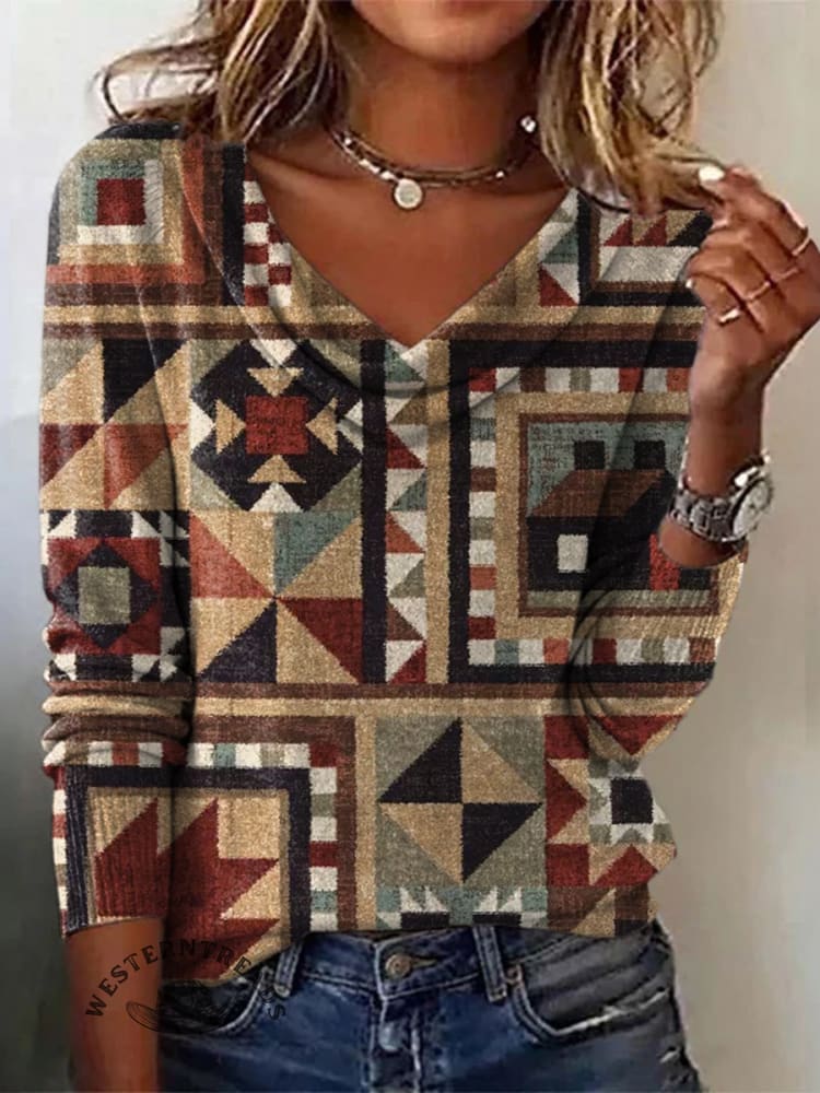 Women's Vintage Aztec Art Print Cowl Neck Top