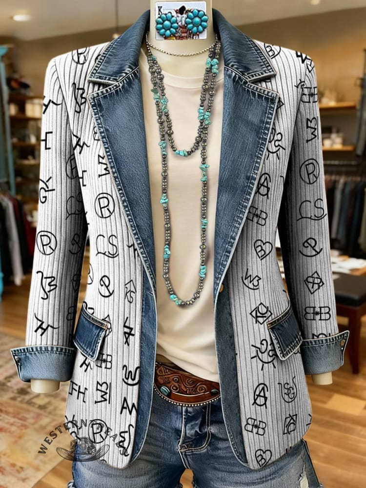 Cattle Brand Print Patchwork Denim Sweater