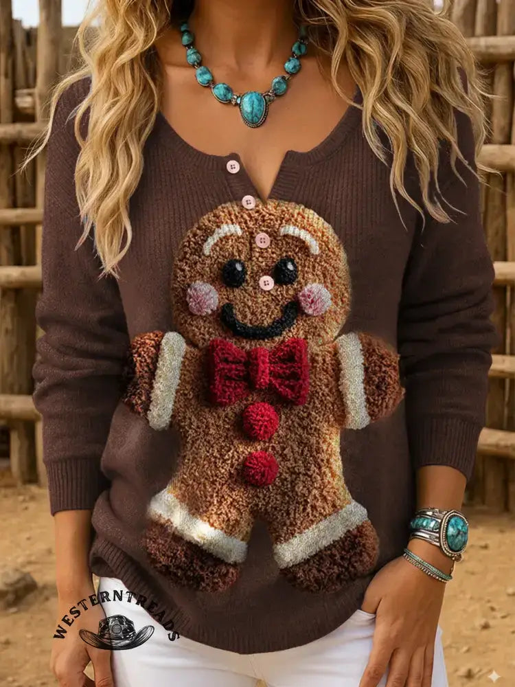 Vintage Cute Christmas Gingerbread Man Prints Casual Cotton Sweatshirt