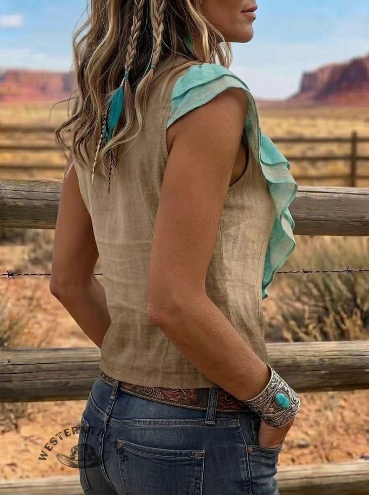 Women's Western V Neck Ruffled Sleeveless Shirt