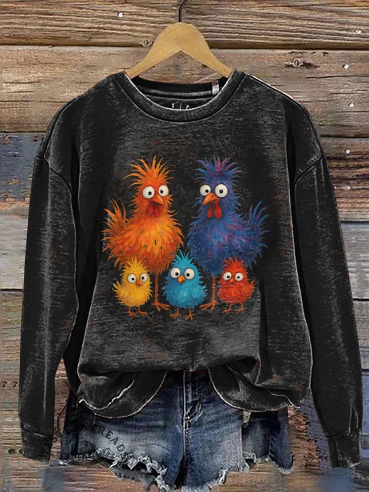 Vintage Chicken Art Prints Casual Cotton Sweatshirt