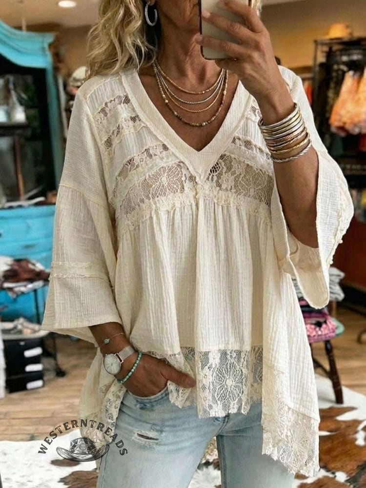 Retro Western Lace Patchwork Casual Shirt