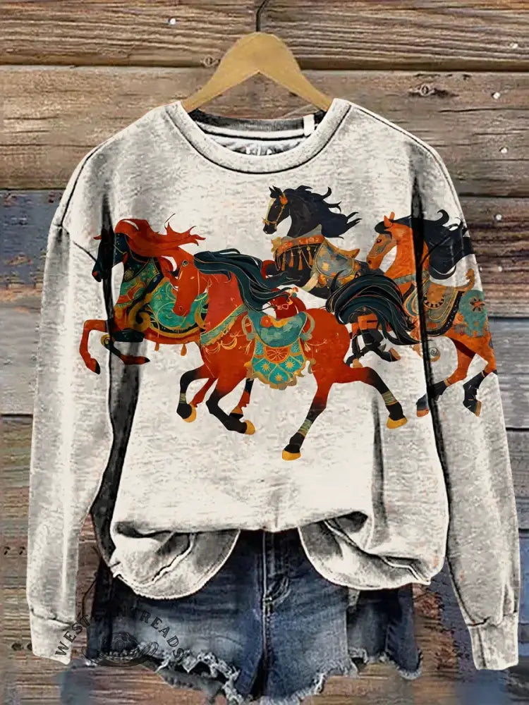 Retro Horse Art Casual Cotton Sweatshirt