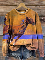 Retro Horse Art Print Casual Cotton Sweatshirt