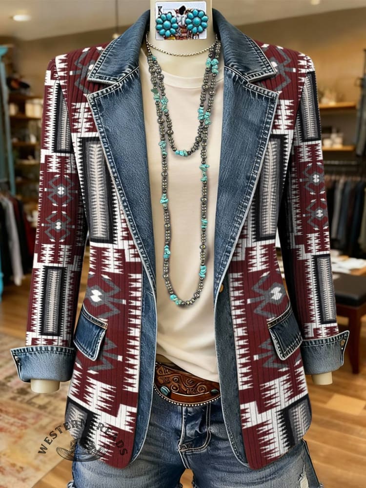 Aztec Print Patchwork Denim Sweater
