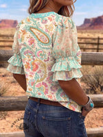 Vintage Art Print Comfortable Summer Fabrics Puff Sleeve Casual Shirt