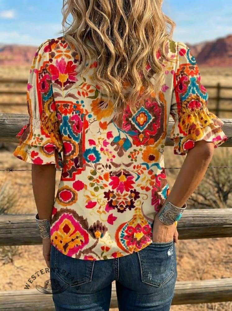 Women's Retro Art Puff Sleeve Casual Shirt