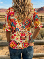 Women's Retro Art Puff Sleeve Casual Shirt