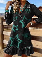 Vintage Star Print Casual Lapel Ruffled Denim Dress