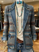 Retro Aztec Print Patchwork Denim Sweater Cardigan Coat