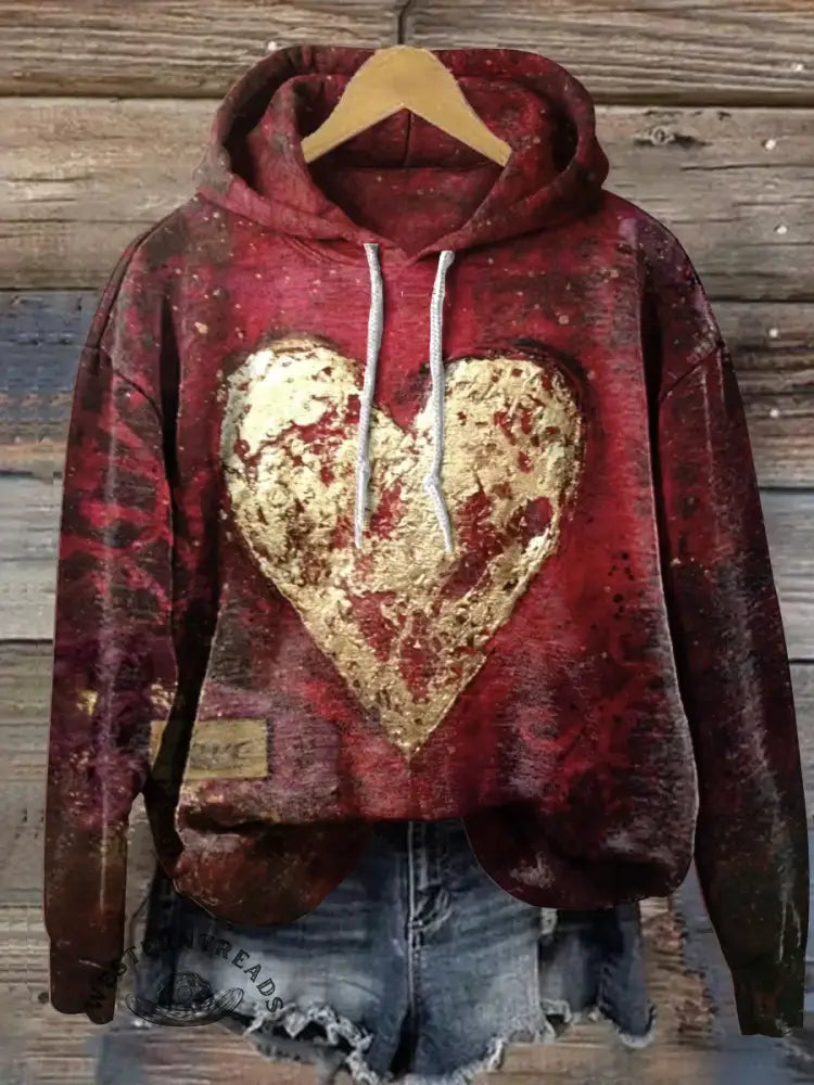 Vintage Heart Art Print Casual Cotton Hooded Sweatshirt