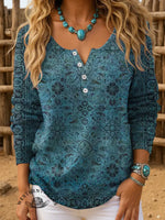 Women's Retro Art Print Henley Neck Sweater