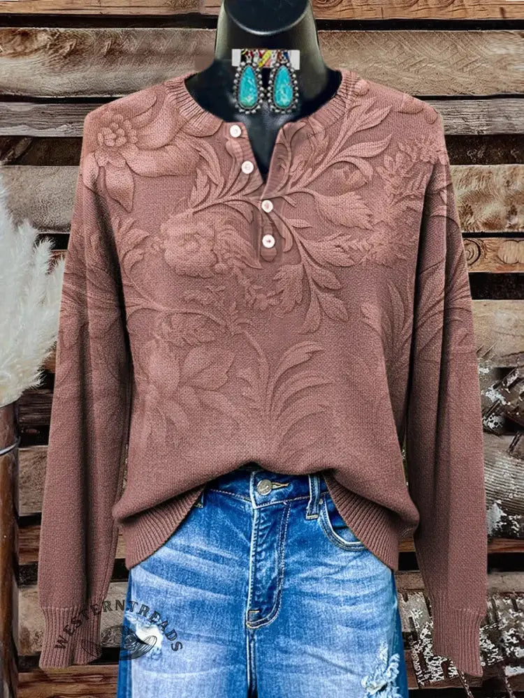 Retro Floral Texture Print Buttoned Cardigan Sweater