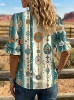 Women's Retro Floral Art Puff Sleeve Casual Shirt