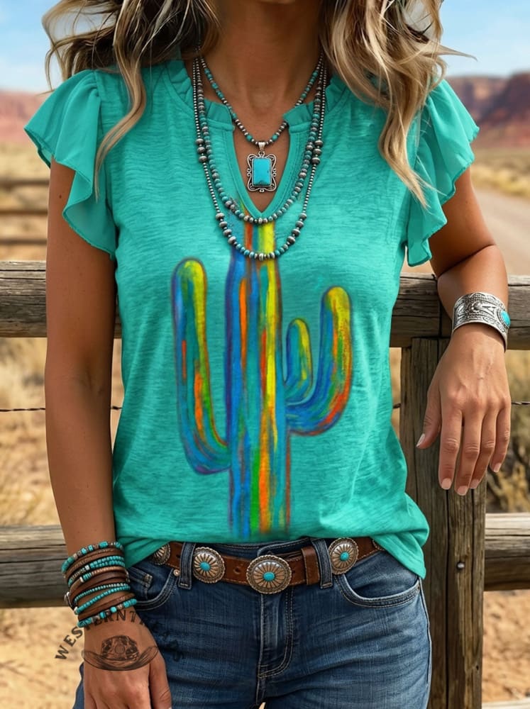 Women's Vintage Western Cactus Art Print V-Neck Ruffle Sleeve Shirt