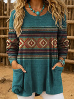 Women's Vintage Aztec Art Print Casual Crew Neck Pocket Knit Top