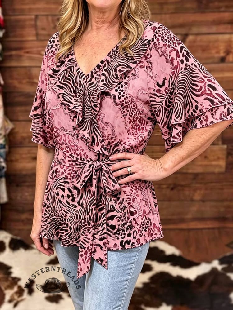 Western Wild V-neck Shirt Self-tie Belt