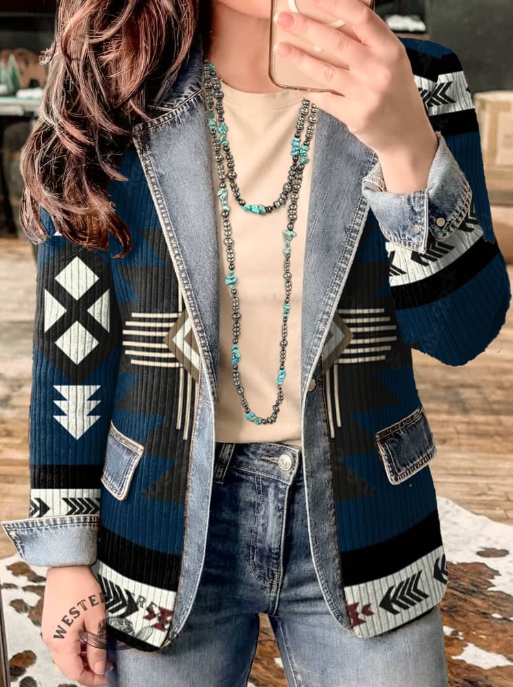Aztec Print Patchwork Denim Sweater