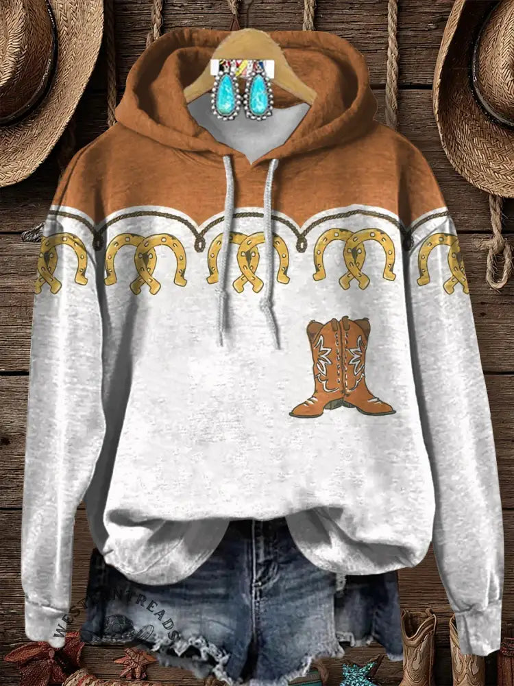 Western Cowboys Boots Horseshoe Print Cotton Casual Hoodie Sweatshirt