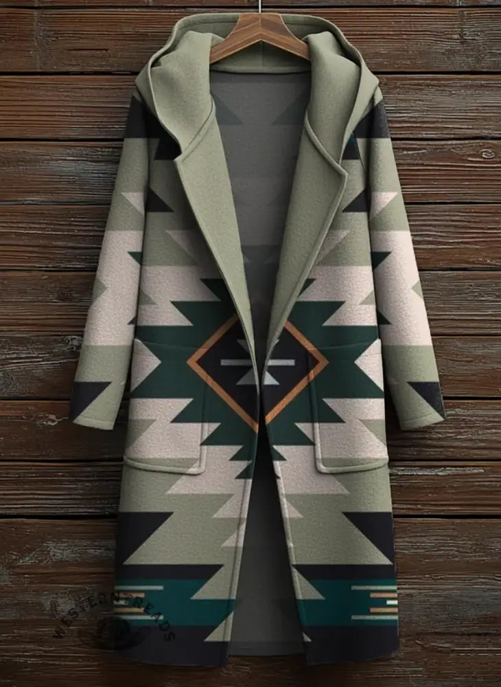 High Quality Vintage Aztec Art Print Casual Wool Coat