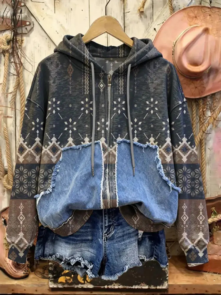 Retro Print Casual Cotton Patchwork Hooded Zip-up Sweatshirt