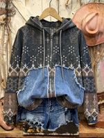 Retro Print Casual Cotton Patchwork Hooded Zip-up Sweatshirt