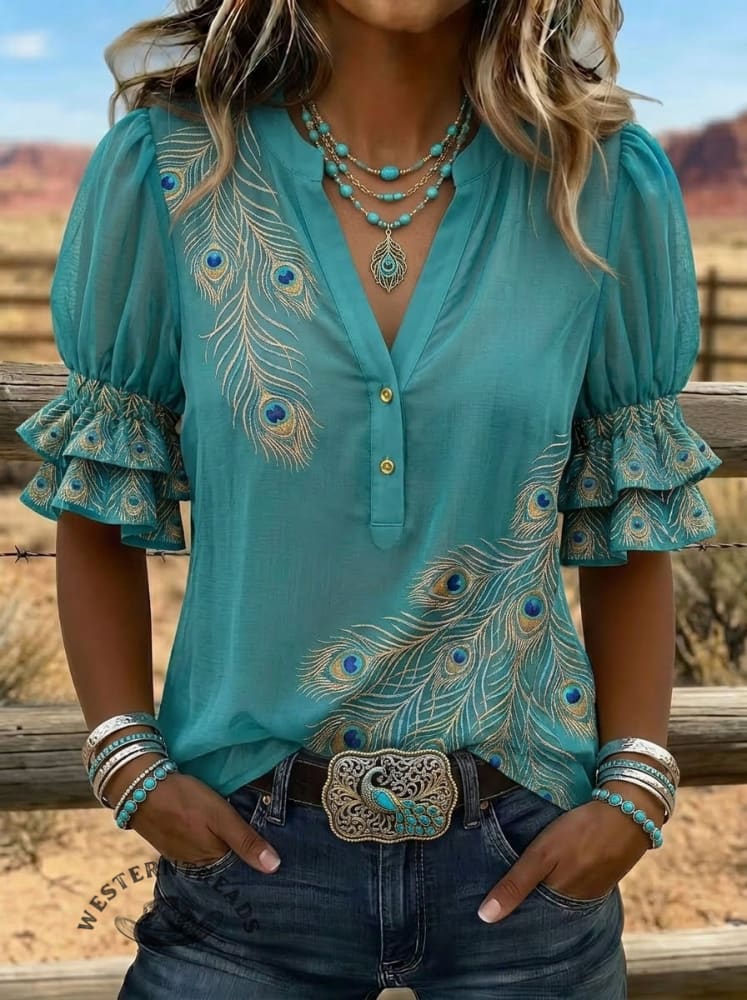 Vintage Peacock Feather Art Print V-neck Puff Sleeve Ruffle Shirt