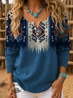 Women's Vintage Aztec Print Henley Neck Sweater Top