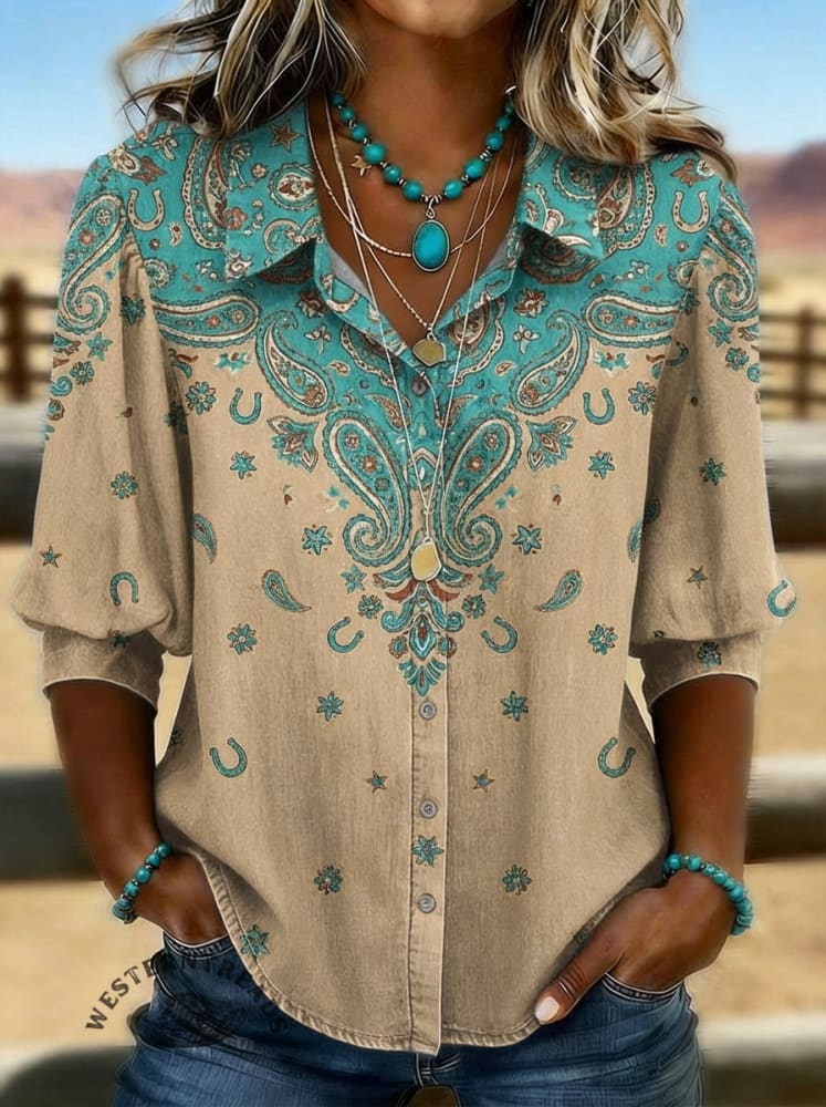 Women's Vintage Print Casual Puff Sleeve Denim Shirt