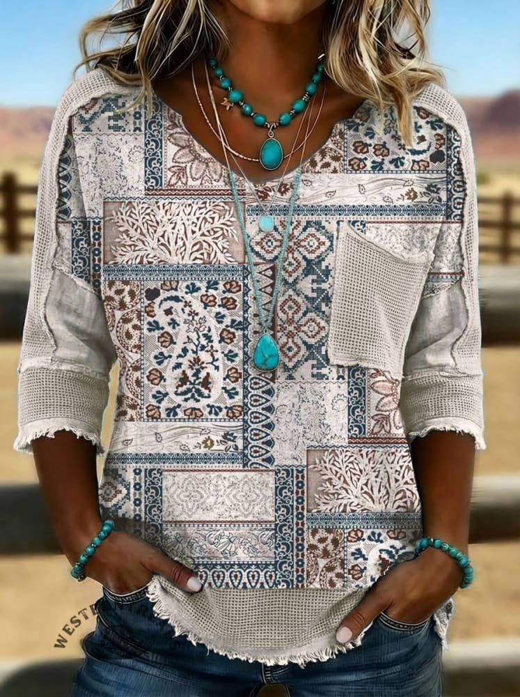 Vintage Art Print Casual Hollow Patchwork Shirt