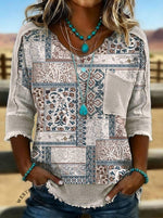 Vintage Art Print Casual Hollow Patchwork Shirt