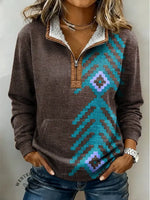 Retro Art Pattern Casual Half-Zip Cotton Sweatshirt