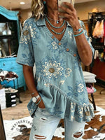 Women's Vintage Flowers Print Casual Ruffles Denim Short Sleeve Shirt