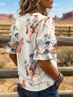 Women's Vintage Art Print Puff Sleeve Casual Shirt