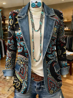 Retro Boho Flower Art Print Patchwork Denim Sweater Cardigan Coat