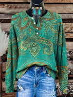 Retro Turquoise Floral Print Buttoned Cardigan Sweater
