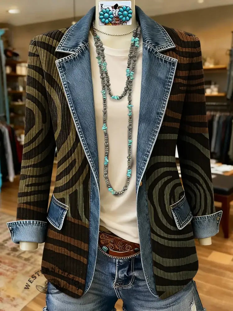 Retro Cycle Art Print Patchwork Denim Sweater Cardigan Coat