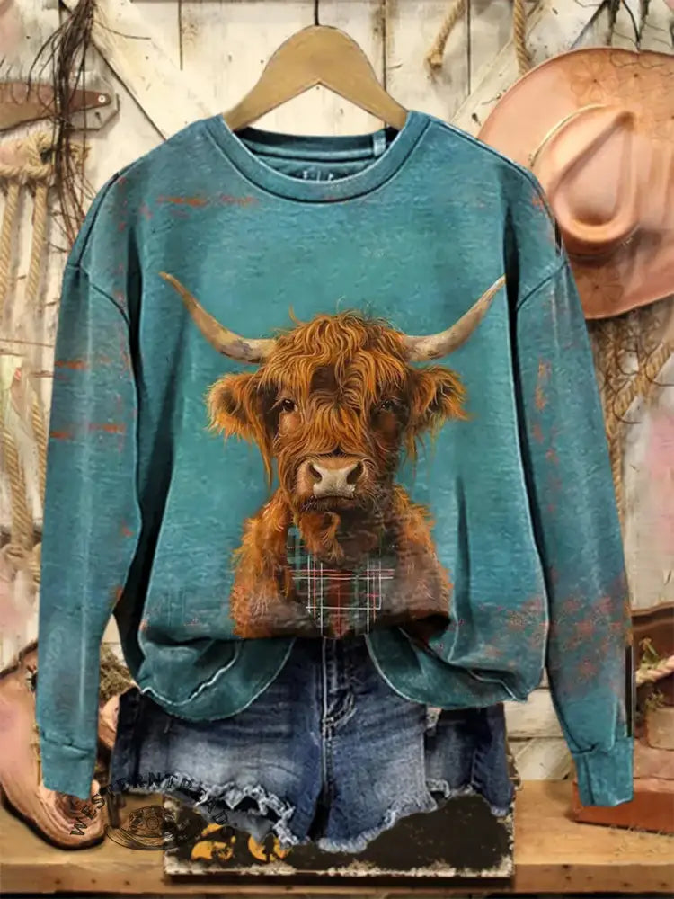 Vintage Cow Print Casual Cotton Sweatshirt