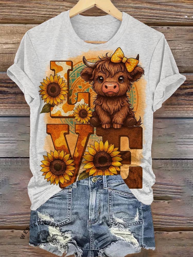 Sunflower & Cow Art Print Casual T-shirt