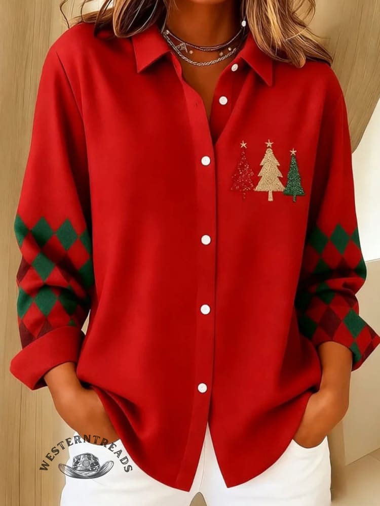 Women's Christmas Tree Print Casual Cotton Shirt