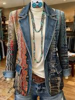 Retro Water Ripples Print Patchwork Denim Sweater Cardigan Coat