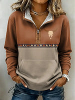 Women's Bull Skull Aztec Print Casual Color-blocked Casual Half-zip Cotton Sweatshirt