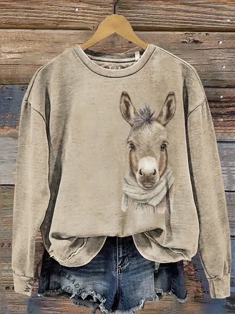 Donkey Wearing A Scarf Print Casual Cotton Sweatshirt