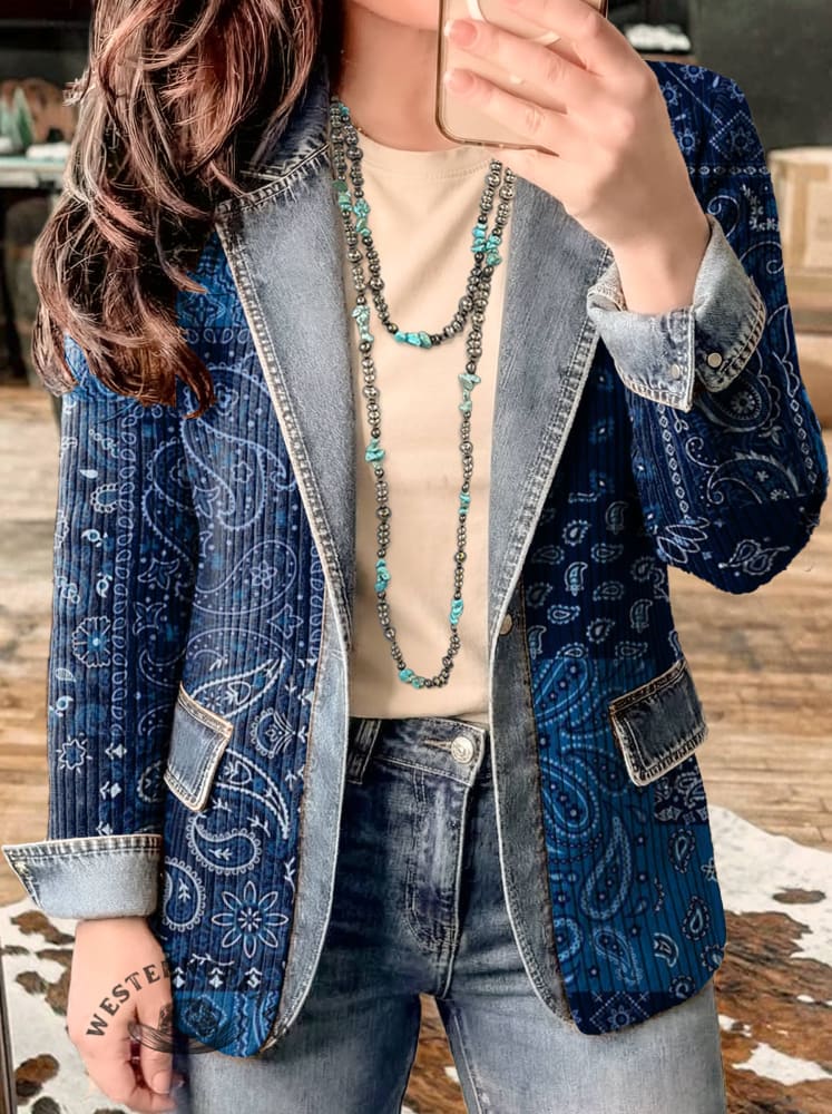 Paisley Print Patchwork Denim Sweater