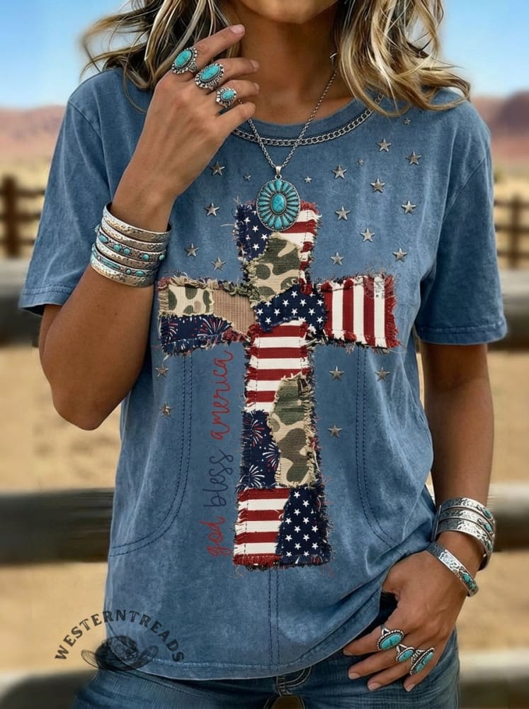 Vintage American Flag Art Print Casual Short Sleeve T-shirt