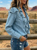 Women's Casual V-neck Ruffled Denim Shirt